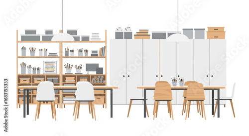 Creative studio workspace interior featuring desks, storage, and art supplies