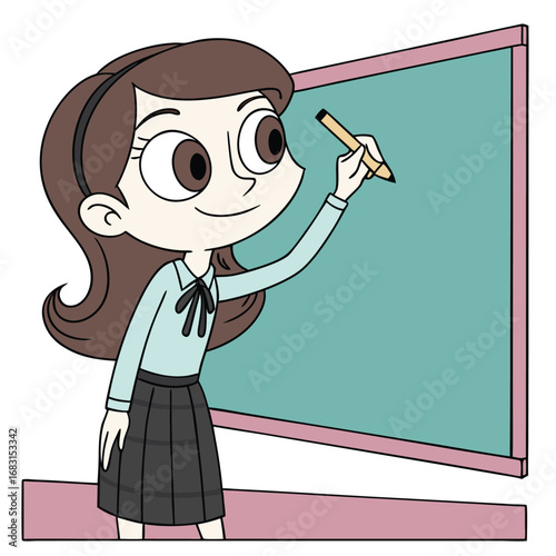 A young girl with brown hair and big brown eyes. She's wearing a light blue shirt with a black bow tie and a plaid skirt. She's holding a pencil in her right hand and smiling as she writes on a blank.