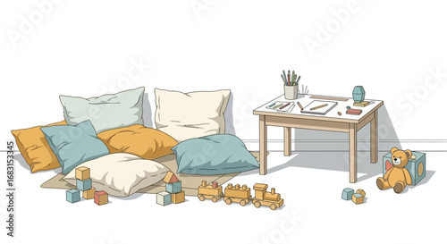 Delightful children's playroom scene with cozy pillows and charming toys