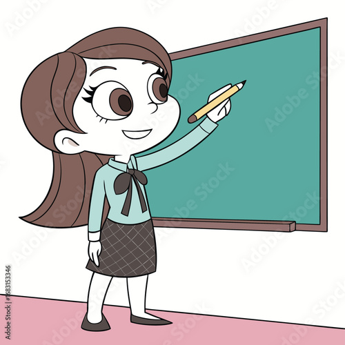 Cartoon of a girl with tied brown hair, blue top, checkered skirt, holding a large yellow pencil before a green chalkboard.