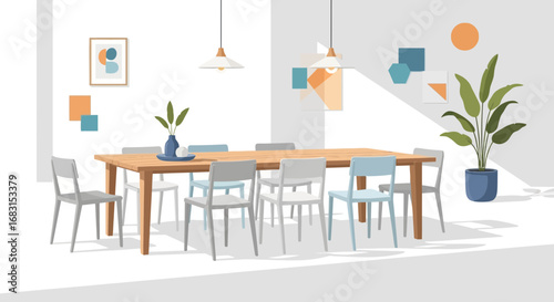 Dining room with wooden table and chairs in a modern minimalist style