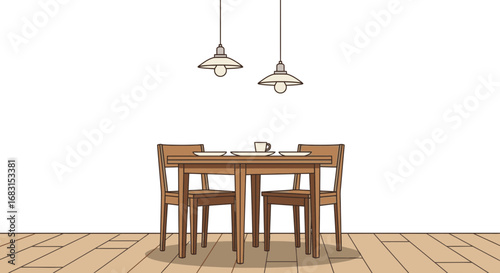 Dining Setup with Wooden Table and Chairs Under Pendant Lighting