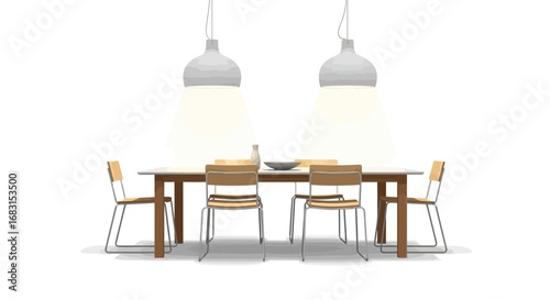 Elegant dining area with modern chairs and pendant lights illustration