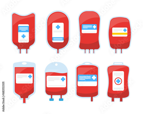 Set of blood bag set collection with label template description design.Medical dropper, blood transfusion. Plasma transfusion, charity and human life saving, medicine and treatment vector illustration