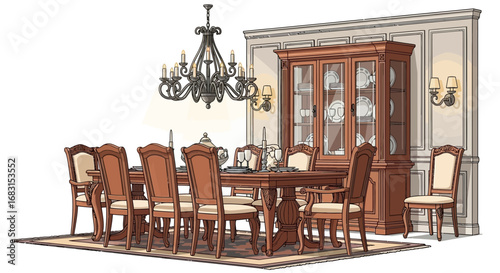 Elegant dining room illustration featuring a classic furniture arrangement