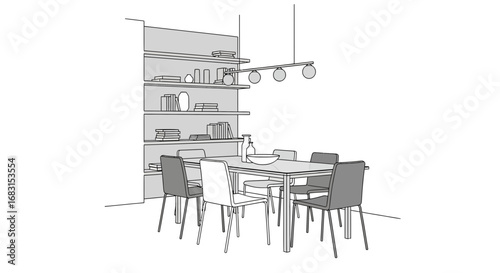 Elegant Dining Room Illustration with Contemporary Furniture and Shelving