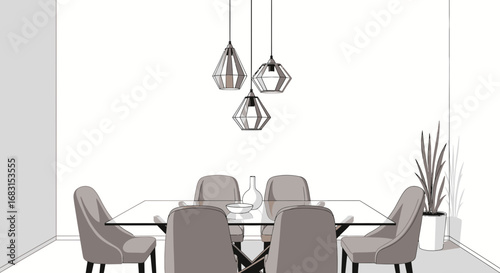 Elegant dining room illustration featuring pendant lighting and glass table
