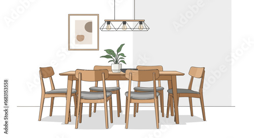 Elegant dining room illustration with modern furniture and decor accent