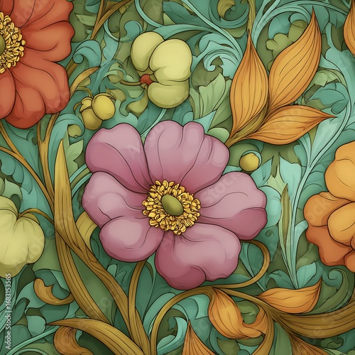 Floral wallpaper pattern inspired Art Nouveau decorative swirls and vintage elegance