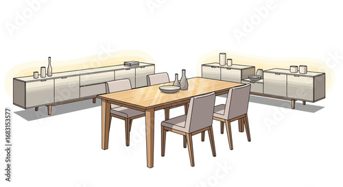 Elegant Dining Room Illustration with Modern Furniture Arrangement