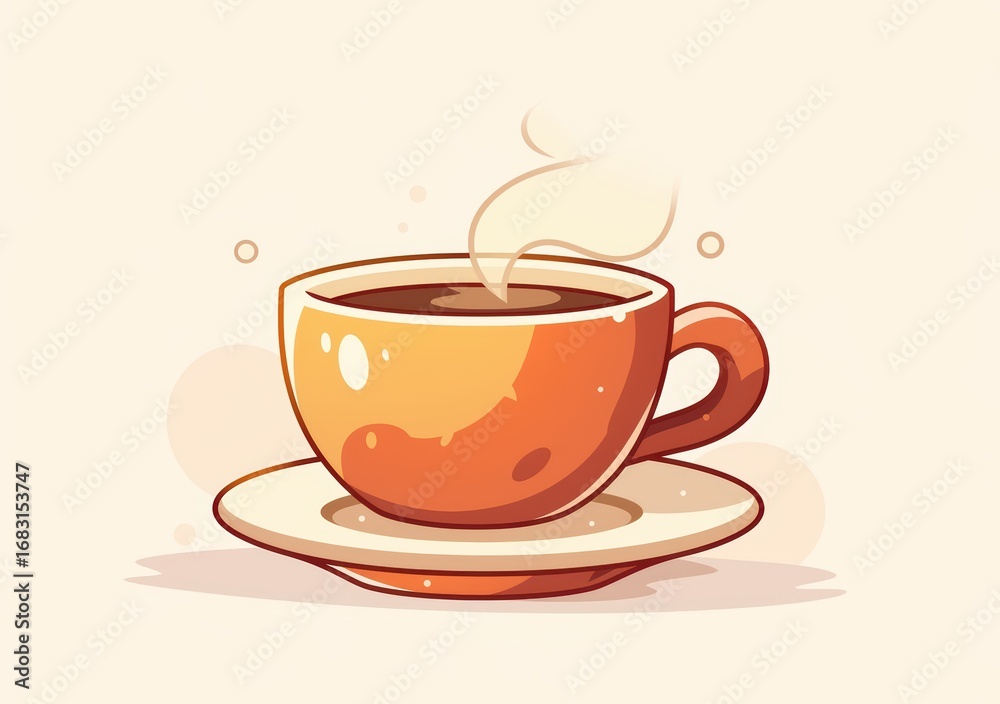 Obraz premium A steaming cup of coffee in an orange mug, sitting on a saucer, representing a moment of relaxation. The warm colors evoke a sense of comfort and tranquility.