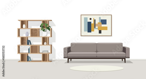 Elegant living room interior with geometric art and modern bookshelf