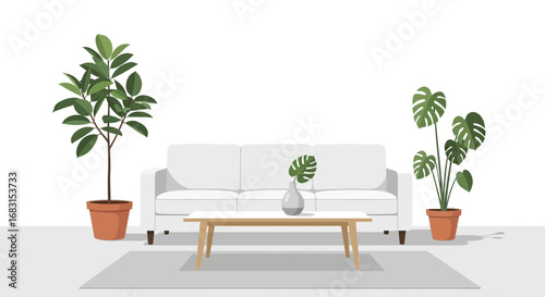 Elegant living room interior featuring sofa, table, and potted plants