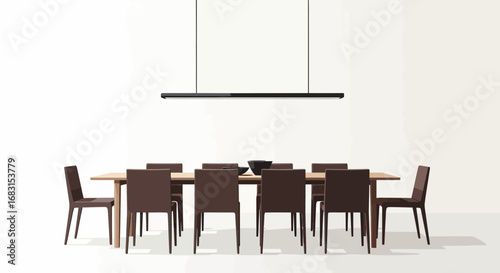 Elegant minimalist dining space featuring a modern table and chairs set