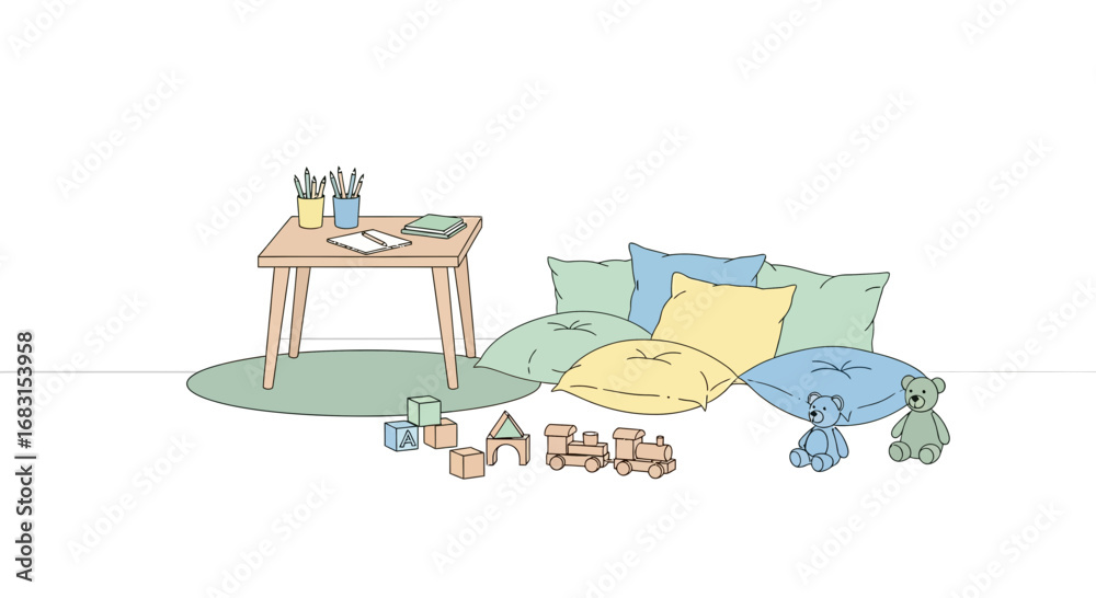 Fototapeta premium Illustration of a Cozy and Inviting Playroom with Educational Toys