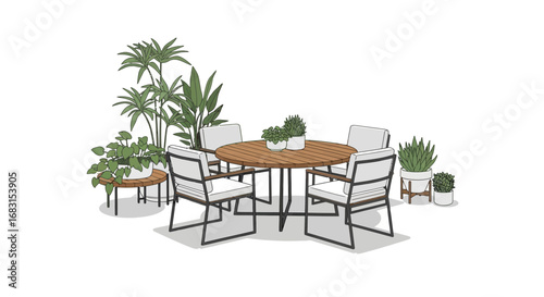 Enchanting Outdoor Gathering Space with Lush Greenery and Modern Furnishings