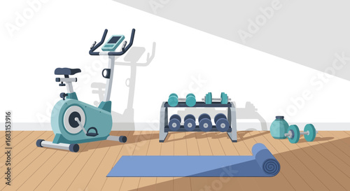 Home Gym Equipment Arrangement Featuring Exercise Bike and Dumbbells