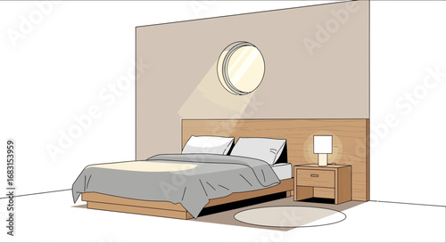 Illustration of a contemporary bedroom interior with minimalist design