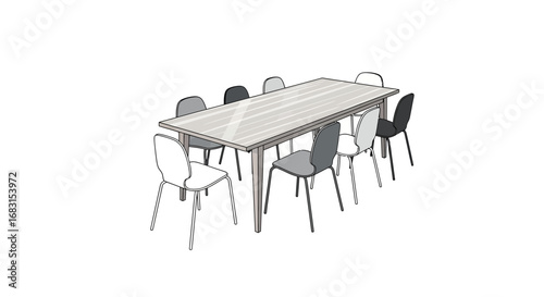 Illustration of a dining room with a large table and various chairs
