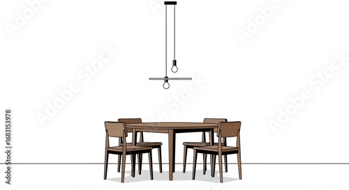 Illustration of a modern dining room setup with wooden table and chairs