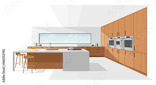 Illustration of a modern kitchen interior featuring an island and cabinetry