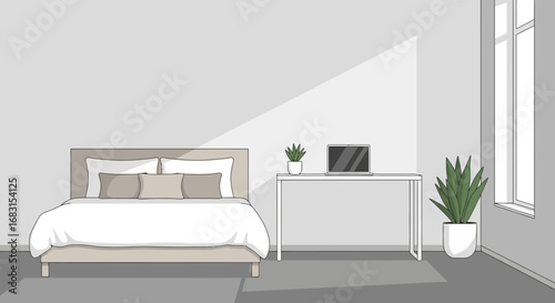 Interior bedroom design with minimalist style and contemporary furniture