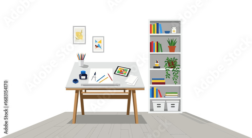 Interior view of an architect's workspace with a drawing table and bookcase
