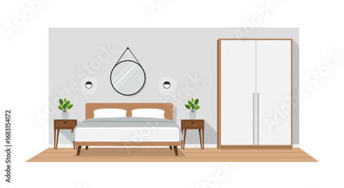 Interior design of a modern bedroom with neutral colors and minimalist decor