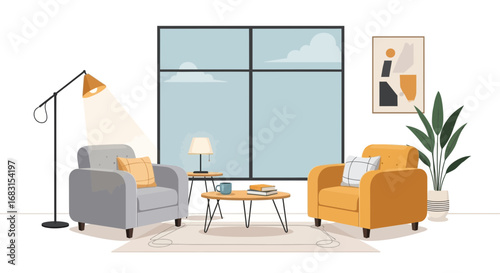 Inviting Interior Scene with Armchairs, Tables, and Natural Light Window