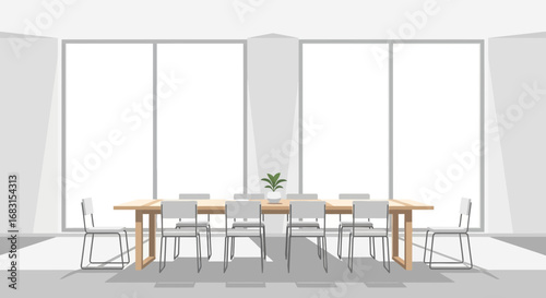 Minimalist boardroom illustration featuring light wood table and chairs
