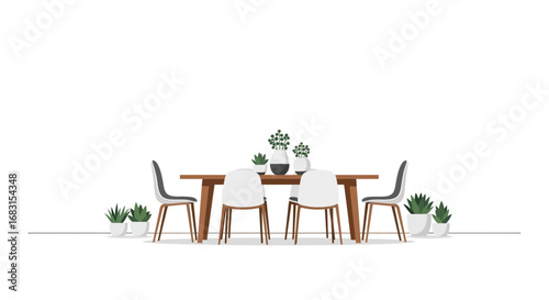 Minimalist dining area illustration with plants and elegant furniture