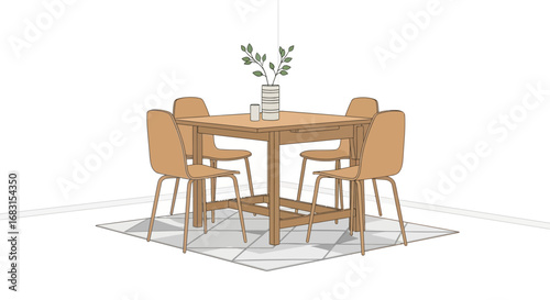 Minimalist dining area illustration featuring a wooden table and chairs