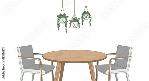 Minimalist Dining Area with Hanging Plants and Wooden Accents on White Background