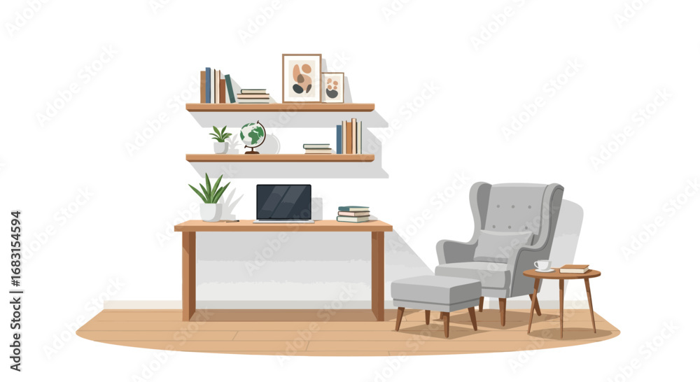 Fototapeta premium Minimalist home office setup with desk, shelving, and cozy armchair space