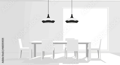 Minimalist dining scene with elegant pendant lights and furniture arrangement