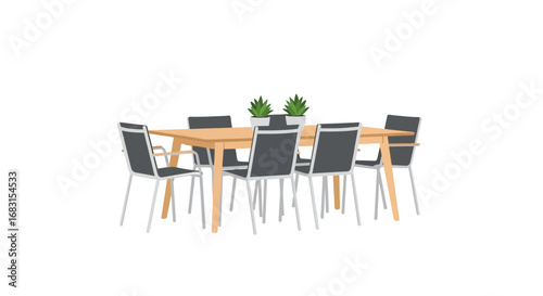 Minimalist dining set featuring wooden table, gray chairs and plants decor