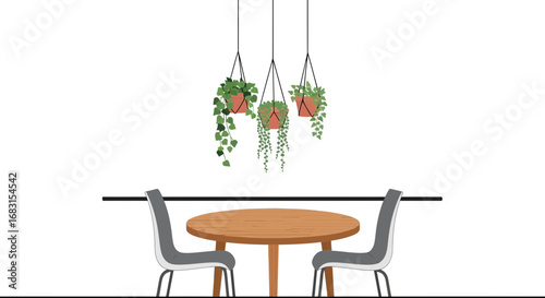Minimalist dining space illustration with hanging plants and round table
