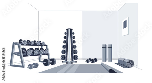 Minimalist home gym setup illustration with weights and exercise equipment