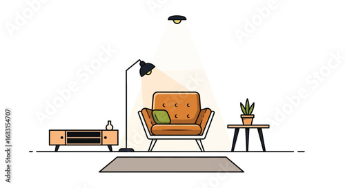 Minimalist interior scene with armchair, lamp, and decorative elements