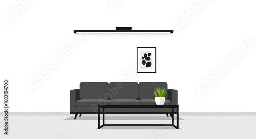 Minimalist interior living room with gray sofa and modern decoration