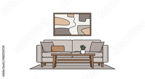 Minimalist interior setup with sofa, table, plant and abstract painting
