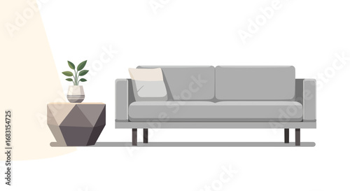 Minimalist interior scene with gray sofa and geometric side table decor