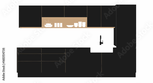 Minimalist kitchen design featuring black cabinets and neutral countertop