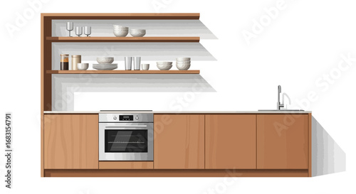 Minimalist Kitchen Design with Open Shelves and Modern Appliances Vector