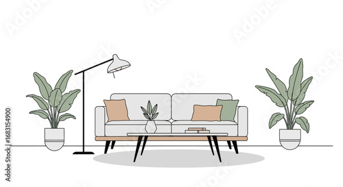Minimalist living room interior with sofa, plants, and floor lamp design