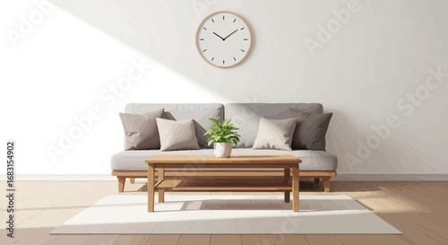 Minimalist Living Room Scene with Sofa, Table, and Decorative Clock