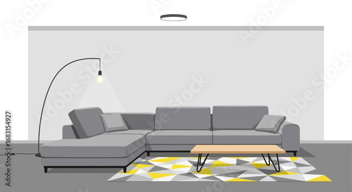 Minimalist living space featuring a modern sectional sofa and geometric rug