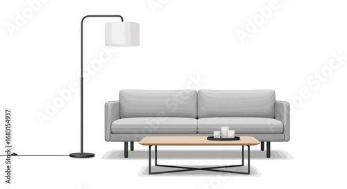Minimalist lounge arrangement featuring sofa floor lamp and center table