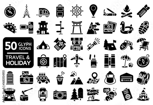 50 set of travel, holiday, vacation glyph icon