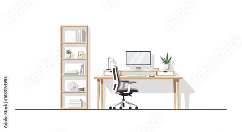 Minimalist workspace setup featuring a desk, chair, and bookshelf element